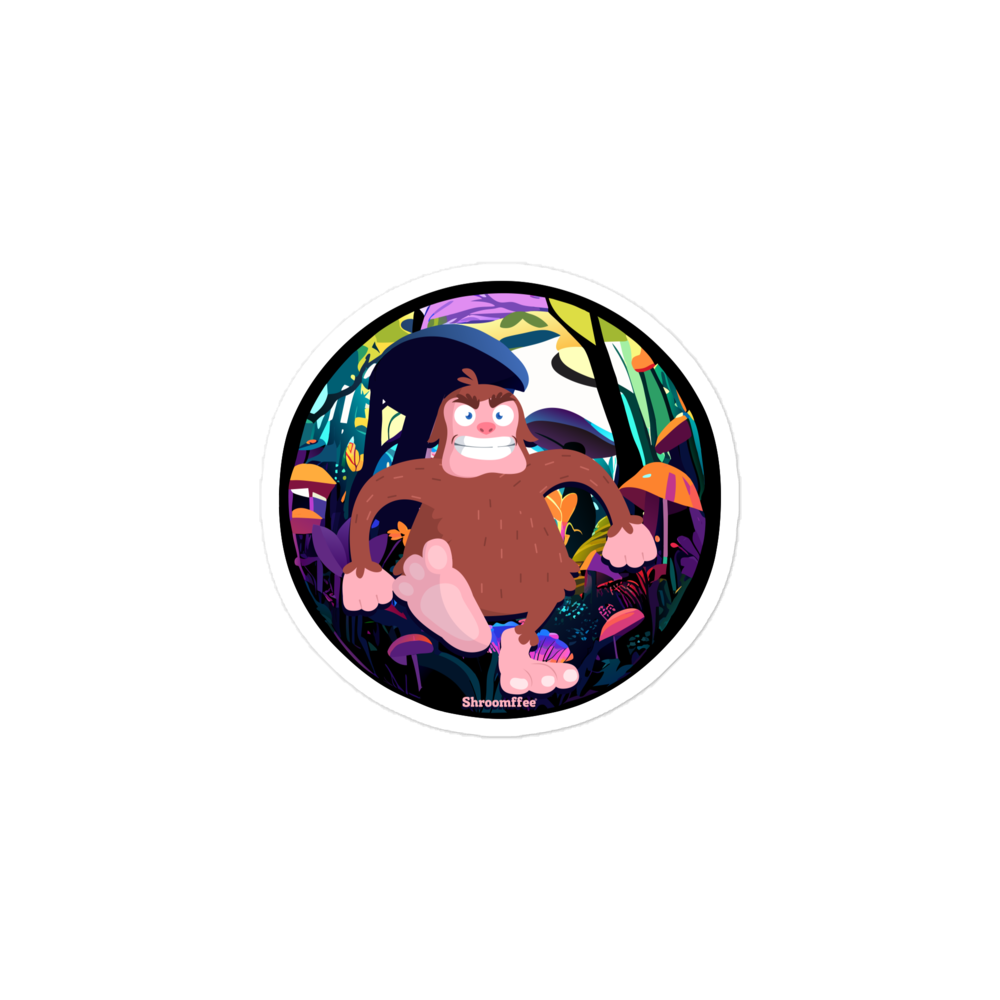 Circular sticker with cartoon character in a jungle setting on a white background