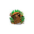 Sticker of a bear with a mushroom and foliage on a white background