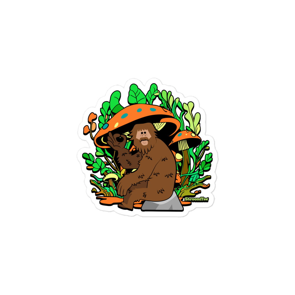 Sticker of a bear with a mushroom and foliage on a white background