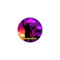 Circular sticker with a silhouette of a person, palm trees, and a sunset with 'Shroomffee' branding.
