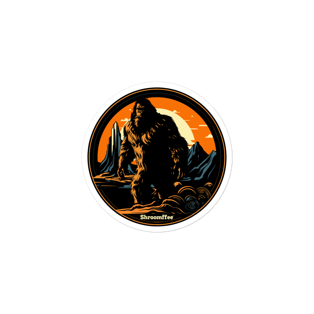 Circular sticker with a creature design and 'Shroomffee' text on a white background