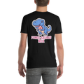 Black t-shirt with a dinosaur graphic and text on the back, worn by a person.