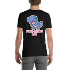 Black t-shirt with a dinosaur graphic and text on the back, worn by a person.