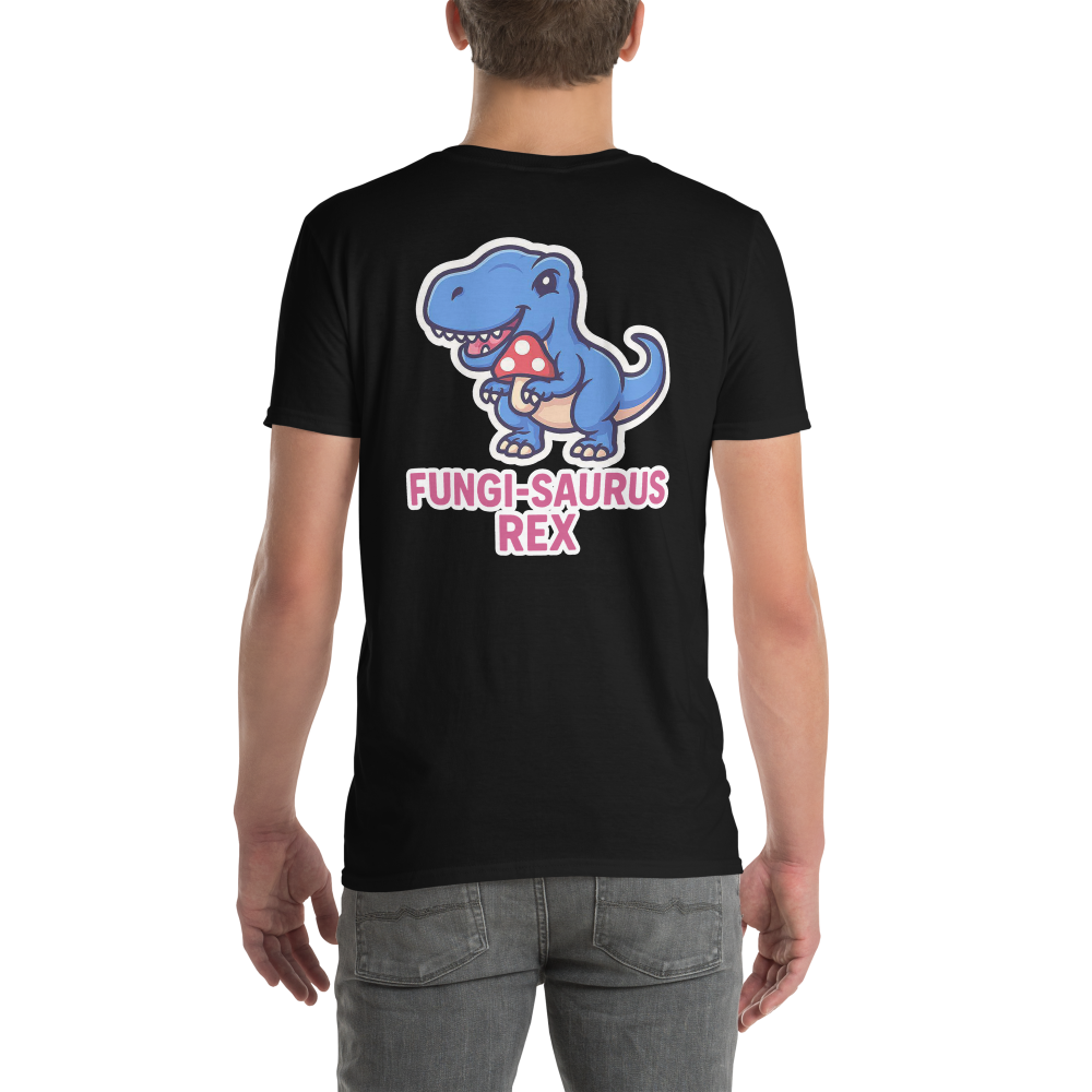 Black t-shirt with a dinosaur graphic and text on the back, worn by a person.