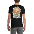 Black t-shirt with a monkey and mushroom graphic and text 'Hug More Worry Less' on a white background.