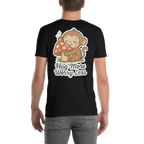 Black t-shirt with a monkey and mushroom graphic and text 'Hug More Worry Less' on a white background.