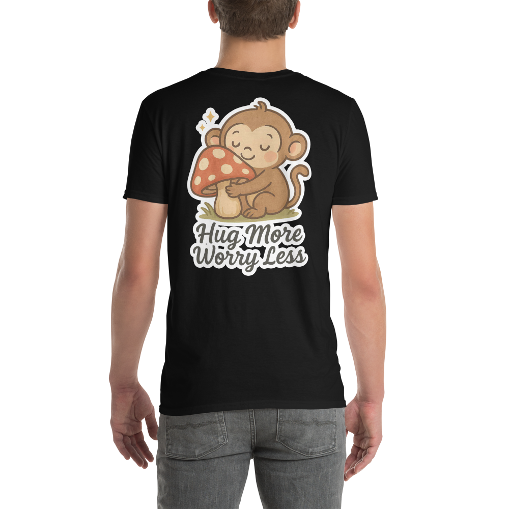 Black t-shirt with a monkey and mushroom graphic and text 'Hug More Worry Less' on a white background.