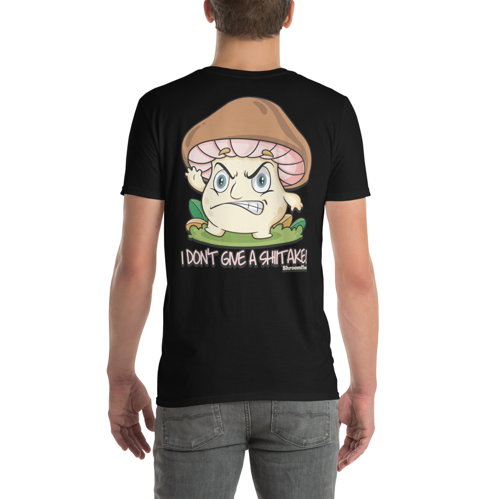 Person wearing a black t-shirt with a cartoon mushroom character and text on the back.