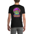 Black t-shirt with a colorful mushroom graphic and text on the back, worn by a person.