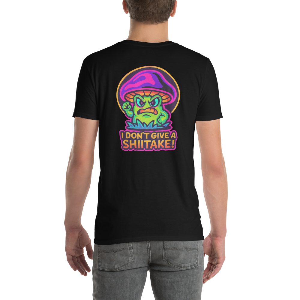 Black t-shirt with a colorful mushroom graphic and text on the back, worn by a person.