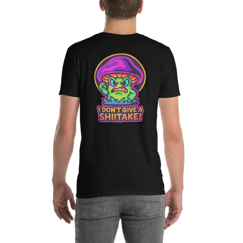 Black t-shirt with a colorful mushroom graphic and text on the back, worn by a person.