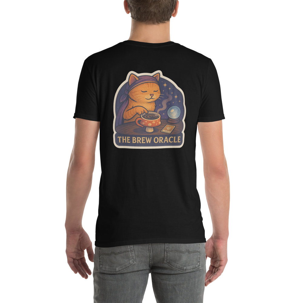 Black t-shirt with a cat graphic and 'The Brew Oracle' text on a white background