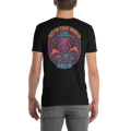Black t-shirt with colorful graphic design featuring mushrooms and a UFO on a white background