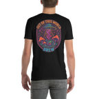 Black t-shirt with colorful graphic design featuring mushrooms and a UFO on a white background