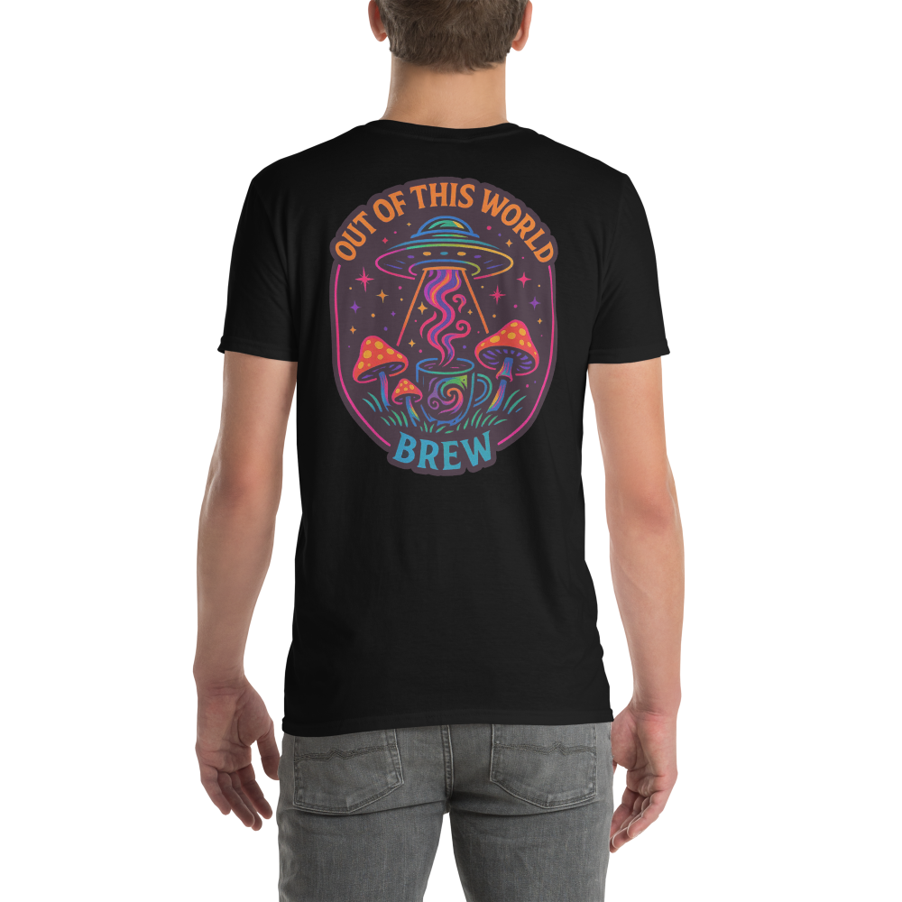 Black t-shirt with colorful graphic design featuring mushrooms and a UFO on a white background