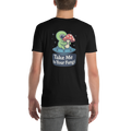 Black t-shirt with a cartoon character and text on the back, worn by a person.