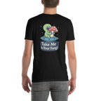 Black t-shirt with a cartoon character and text on the back, worn by a person.