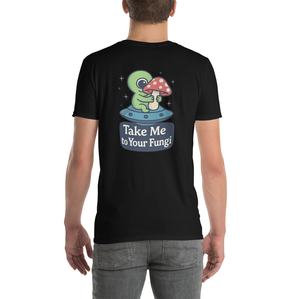 Black t-shirt with a cartoon character and text on the back, worn by a person.