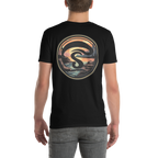 Person wearing a black t-shirt with a circular graphic design on the back