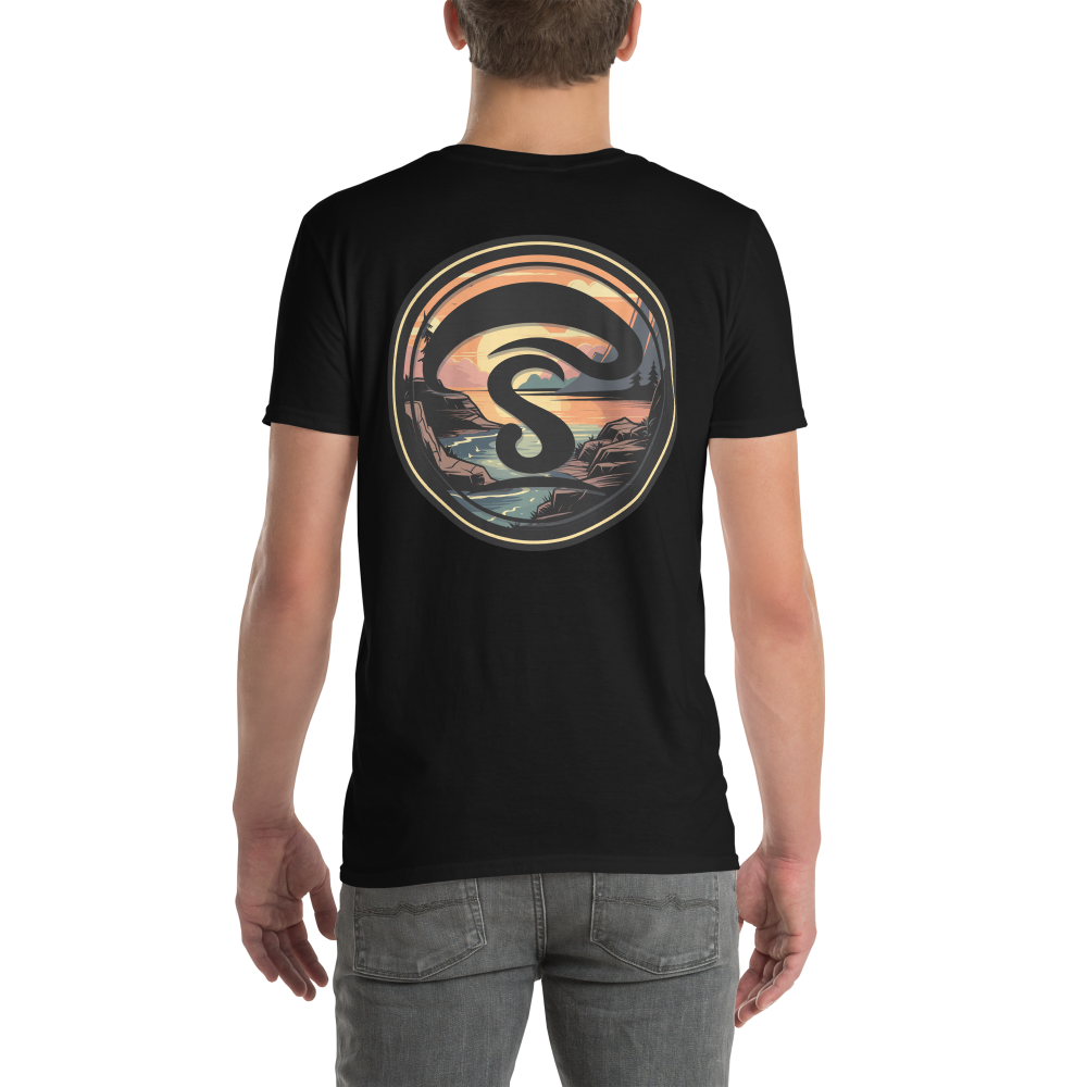 Person wearing a black t-shirt with a circular graphic design on the back