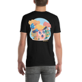 Person wearing a black t-shirt with a colorful graphic design on the back