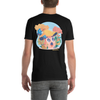 Person wearing a black t-shirt with a colorful graphic design on the back