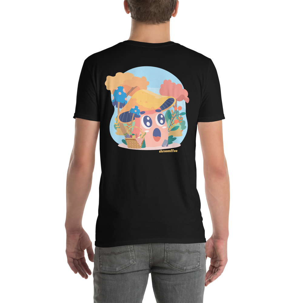 Person wearing a black t-shirt with a colorful graphic design on the back