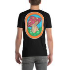 Black t-shirt with a colorful mushroom graphic on the back, worn by a person.
