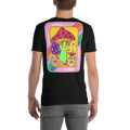 Black t-shirt with colorful mushroom design on the back, worn by a person.