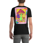 Black t-shirt with colorful mushroom design on the back, worn by a person.