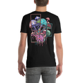 Black t-shirt with colorful abstract design on the back, worn by a person.