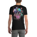 Black t-shirt with colorful abstract design on the back, worn by a person.