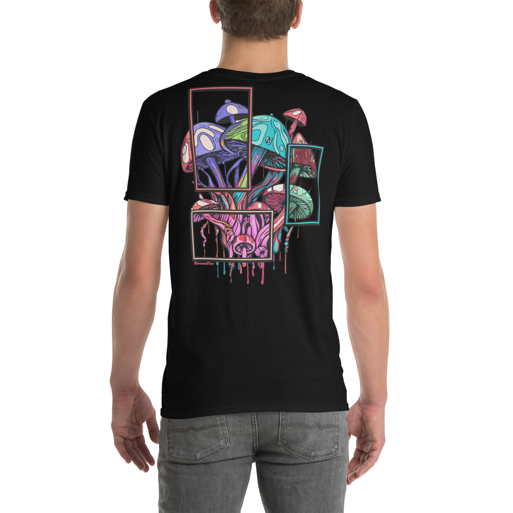 Black t-shirt with colorful abstract design on the back, worn by a person.
