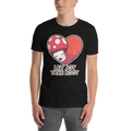 Person wearing a black t-shirt with a mushroom graphic and text on a white background