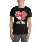 Person wearing a black t-shirt with a mushroom graphic and text on a white background