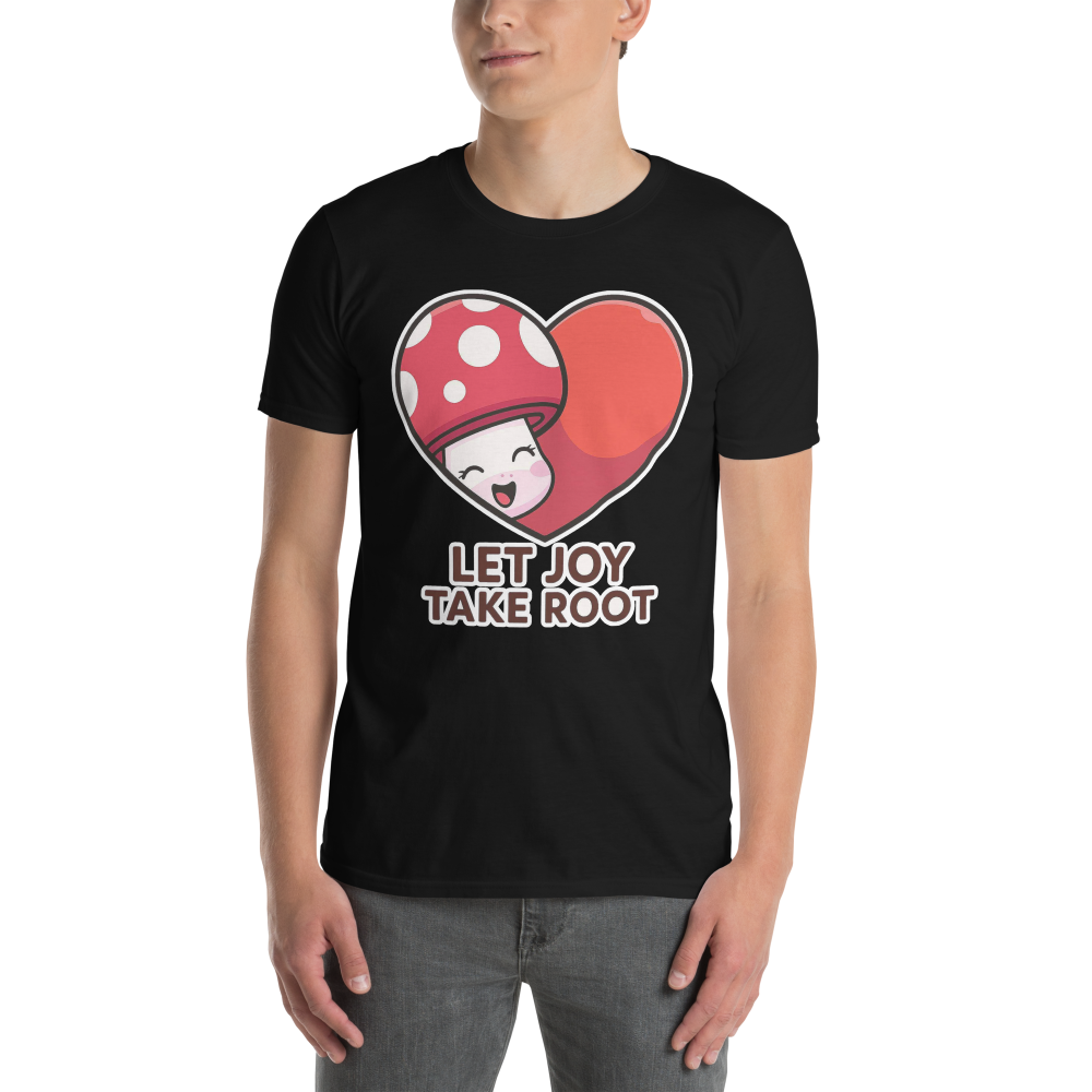 Person wearing a black t-shirt with a mushroom graphic and text on a white background