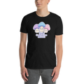 Person wearing a black t-shirt with cartoon mushrooms and text on a white background