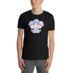Person wearing a black t-shirt with cartoon mushrooms and text on a white background
