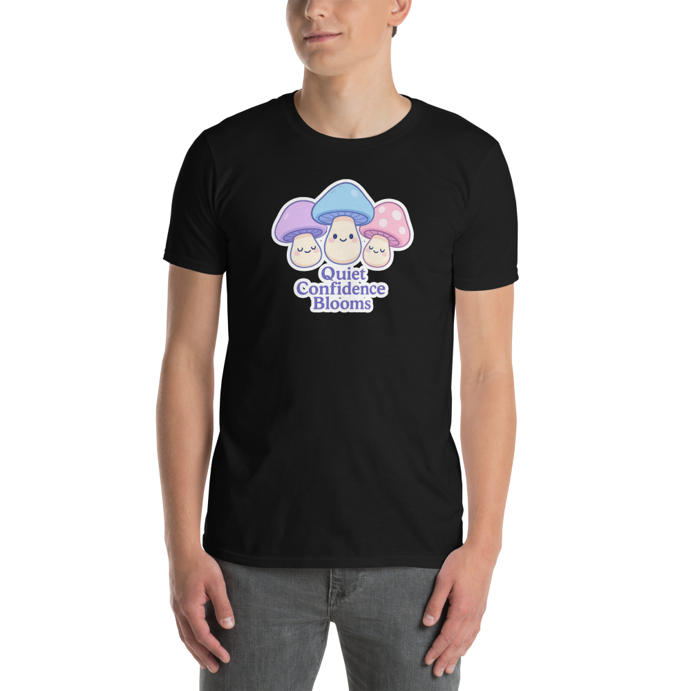 Person wearing a black t-shirt with cartoon mushrooms and text on a white background