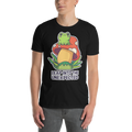 Person wearing a black t-shirt with a colorful graphic of a frog and mushroom and text 'Leap into the Unexpected'.