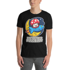 Person wearing a black t-shirt with a colorful graphic and text 'Lift Off into Possibility'.