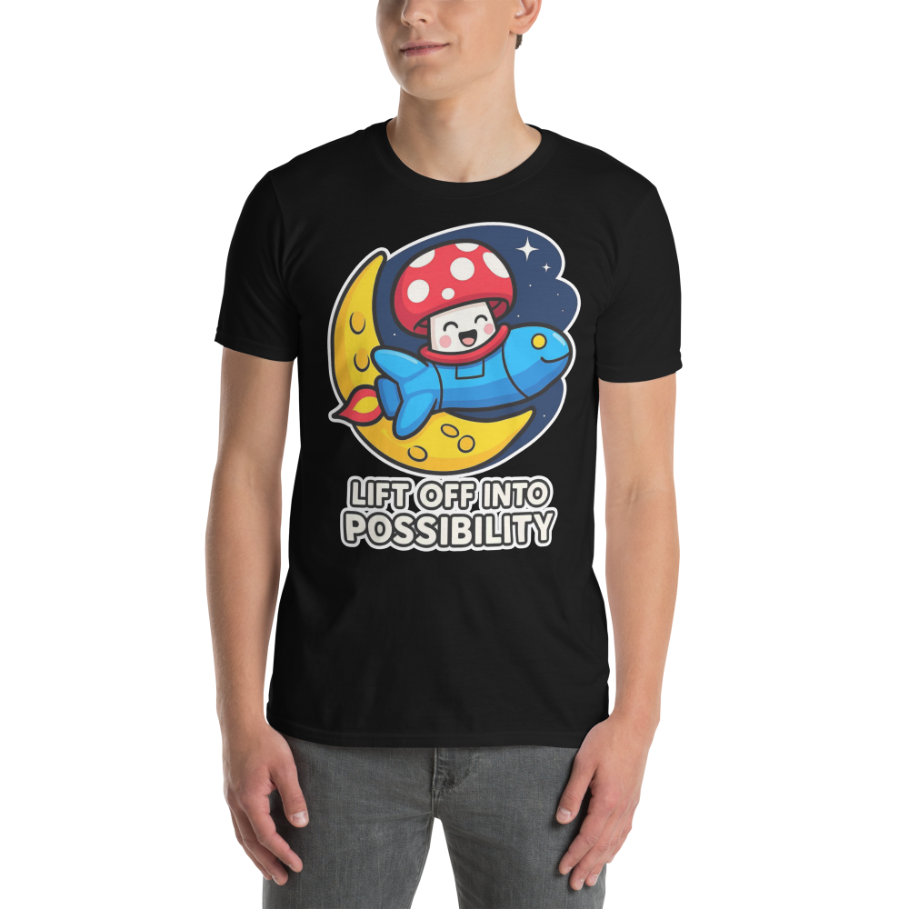Person wearing a black t-shirt with a colorful graphic and text 'Lift Off into Possibility'.