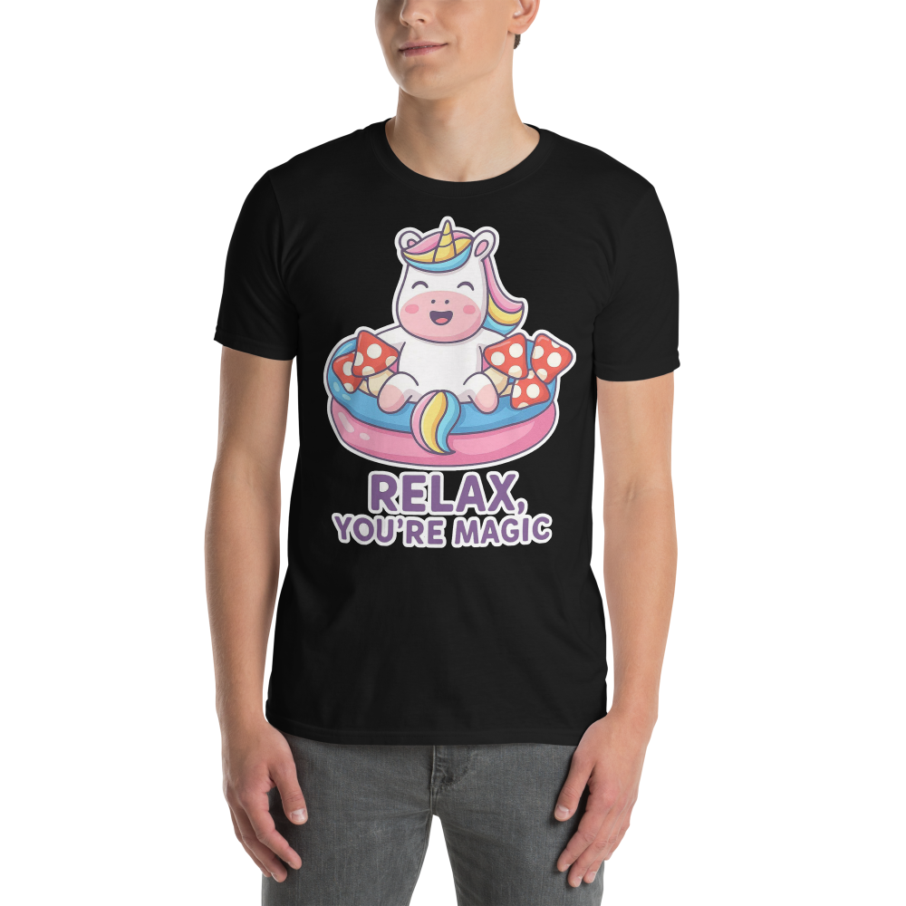 Person wearing a black t-shirt with a cartoon unicorn design and 'Relax, You're Magic' text.