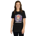 Person wearing a black t-shirt with a cartoon character and 'SHROOMFEE' text on a white background