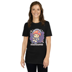 Person wearing a black t-shirt with a cartoon character and 'SHROOMFEE' text on a white background