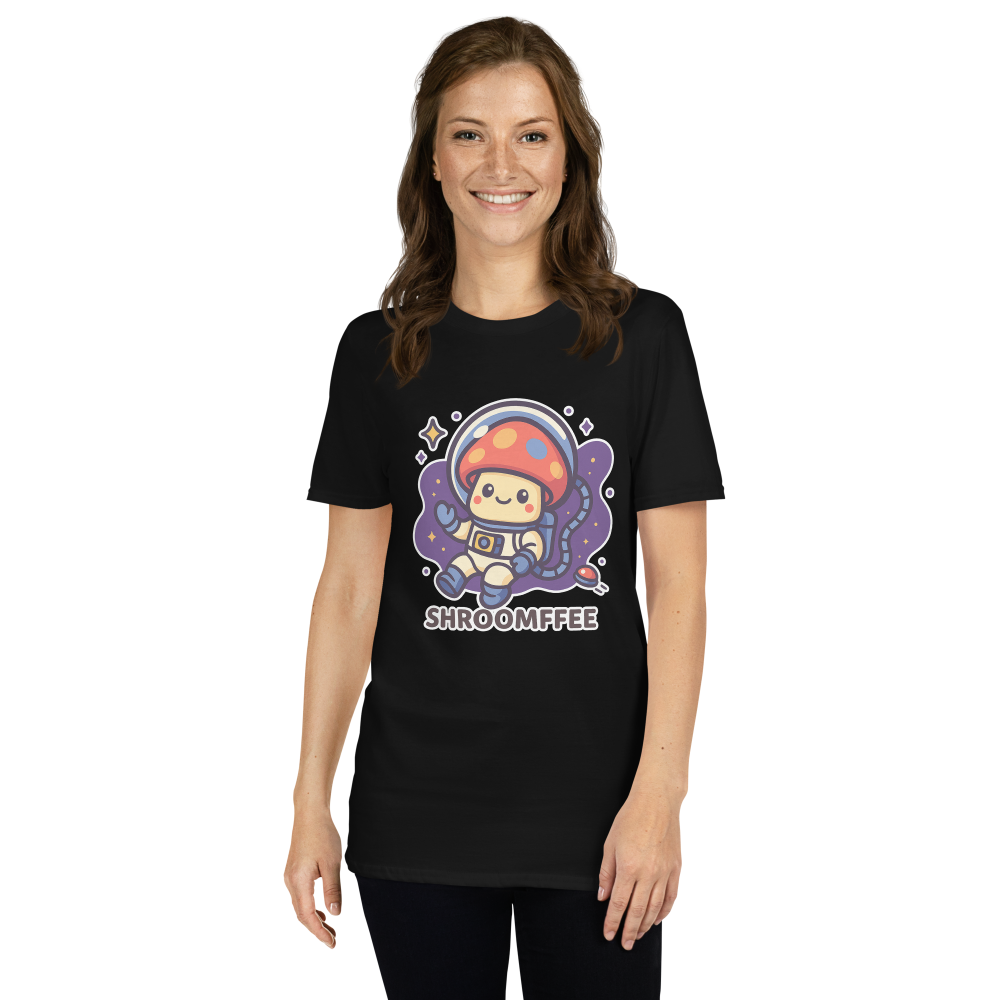 Person wearing a black t-shirt with a cartoon character and 'SHROOMFEE' text on a white background
