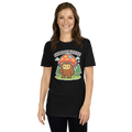 Person wearing a black t-shirt with a cartoon character and mushroom graphic on a white background