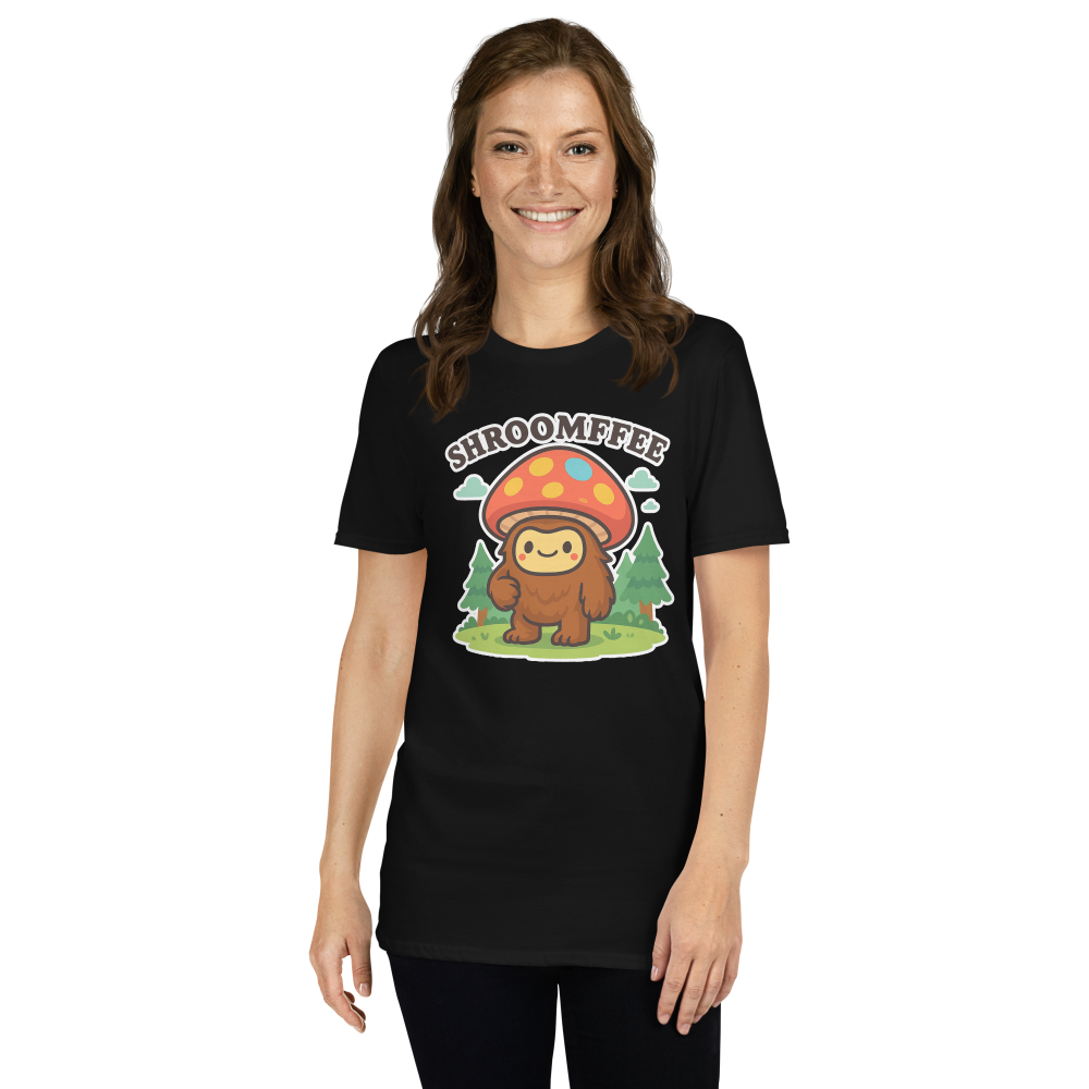 Person wearing a black t-shirt with a cartoon character and mushroom graphic on a white background
