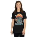 Person wearing a black t-shirt with a robot and mushroom design on a white background