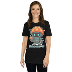 Person wearing a black t-shirt with a robot and mushroom design on a white background